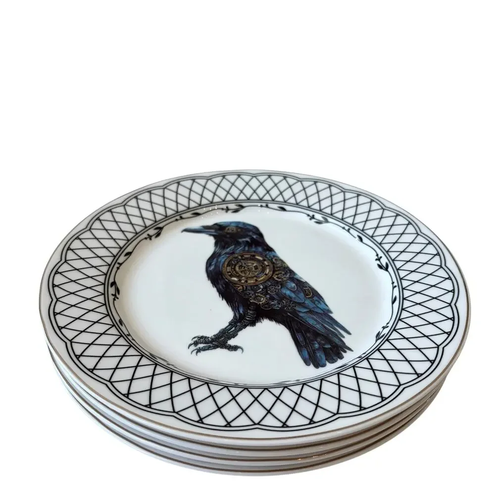 Grace Teaware RAVEN TRELLIS Ceramic Halloween Plates 8in Ceramic Set of 4 NEW